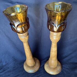 Mid century, candlesticks, Homco, amber glass votives